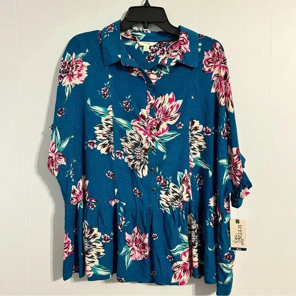 Women’s 0x Terra&sky. short sleeve floral tropical baby doll style button up top - Picture 1 of 8